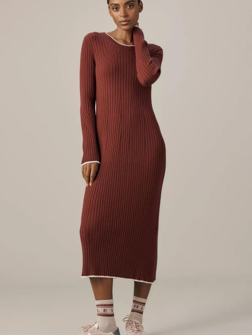 Varley Ribbed Long Sleeve Midi Dress in Rust with Contrast Trim